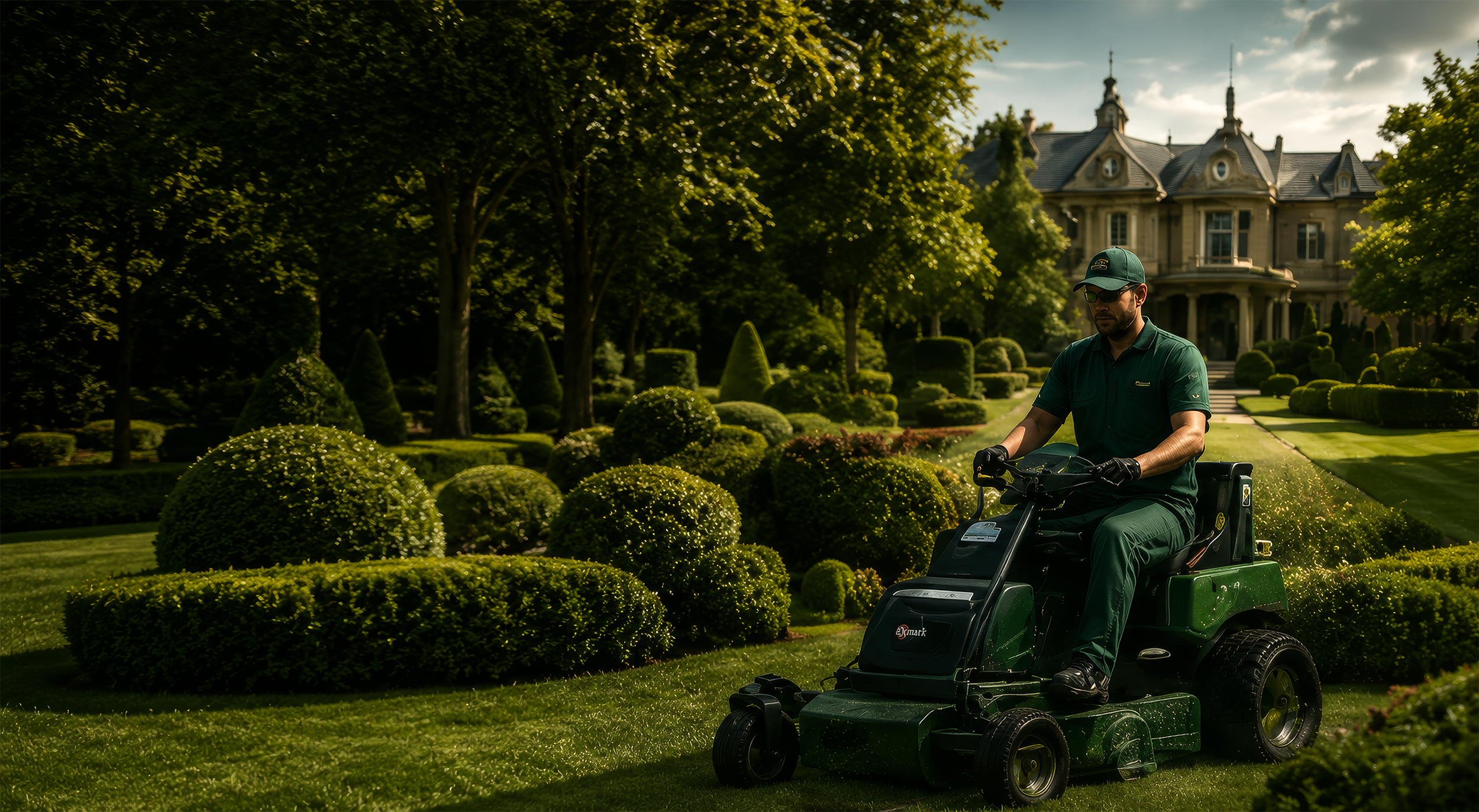 Professional landscaper riding a lawn mower on a manicured estate lawn Professional landscaper riding a lawn mower on a manicured estate lawn